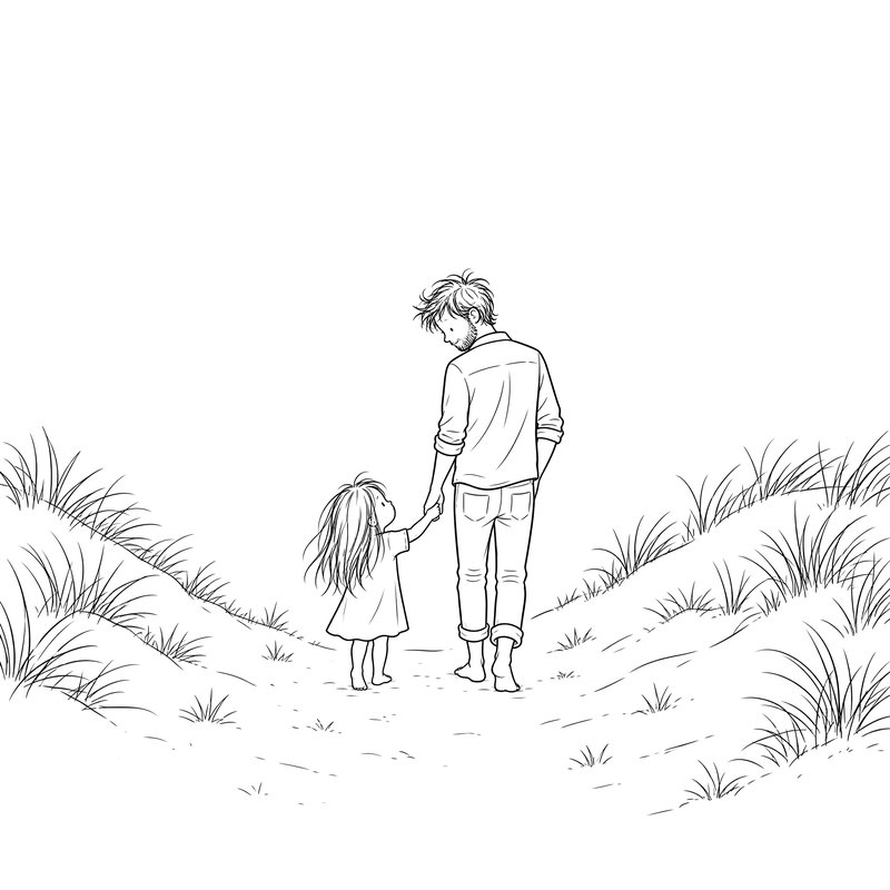 Coloring page: Vega and dad in the dunes