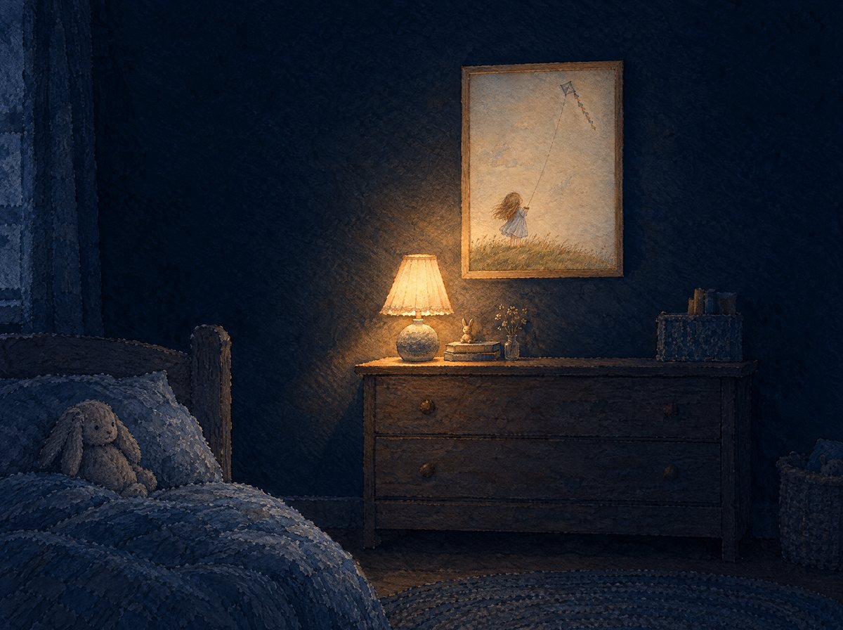 A child's room at night with a Vega poster on the wall