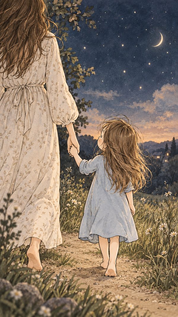 Vega walking home under the moon, holding a hand