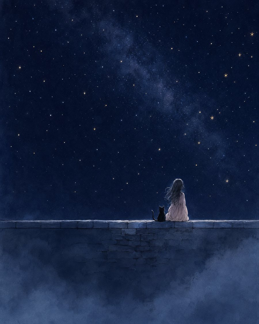 Nyra and her black cat on a stone wall, looking up at the stars