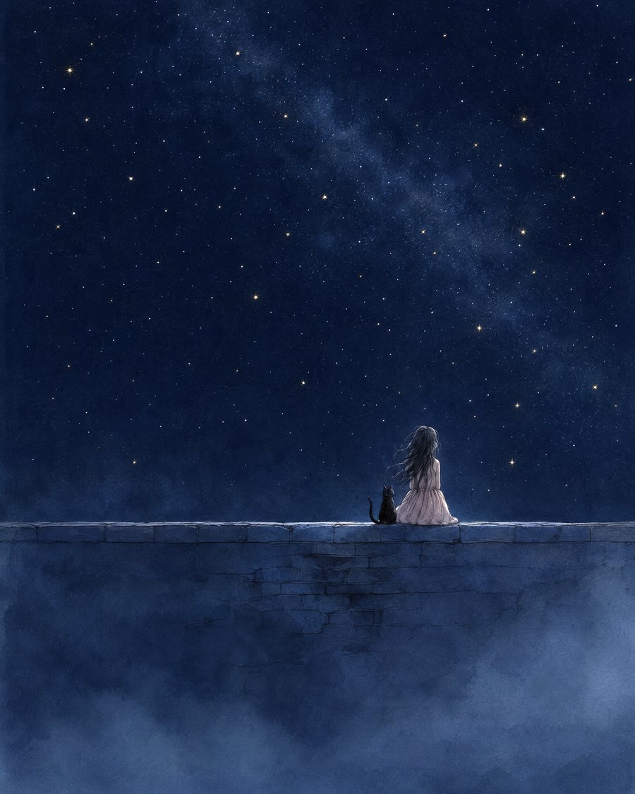 Nyra and her black cat on a stone wall, under the stars