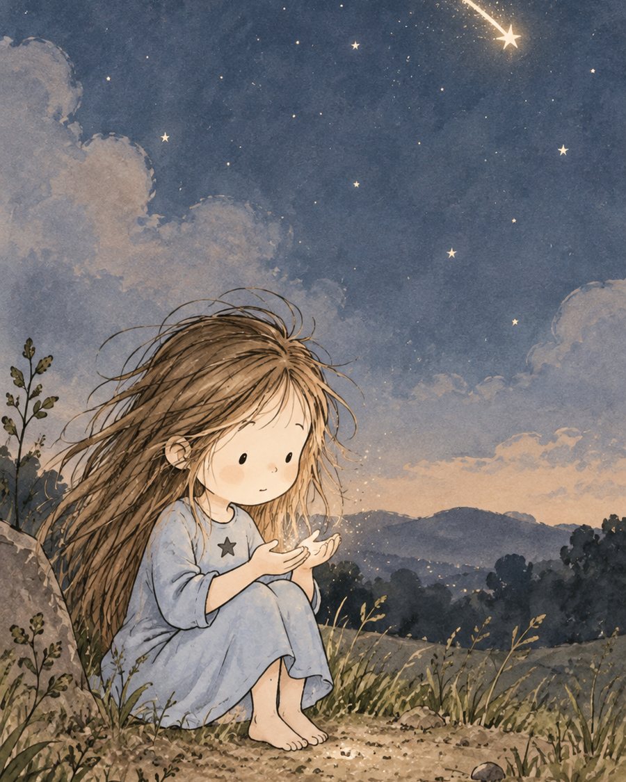 Vega sitting on a hill at dusk, watching a falling star